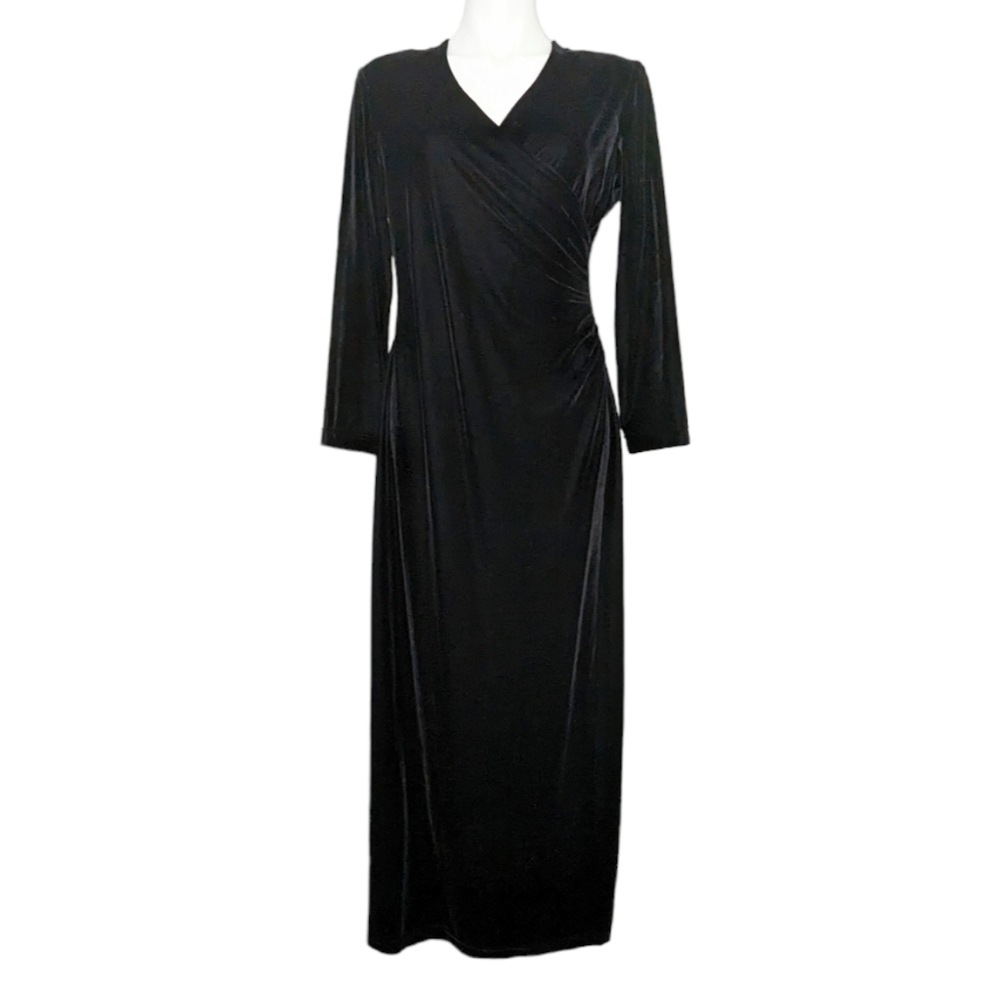 VTG Black Velvet Wrap Ruched Waist V Neck Long Sleeve Maxi Dress Whimsygoth